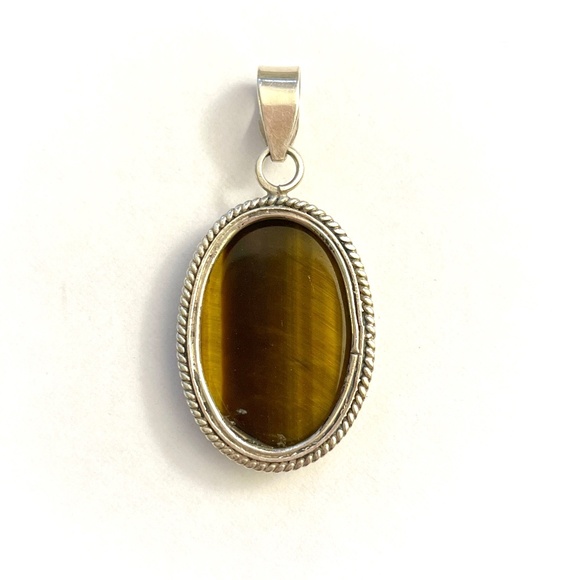 VTG Sterling Silver Oval Brown Tan Tiger’s Eye Stone Pendant - Picture 4 of 5